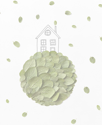 Рисунок домика на холме из настоящих листьев